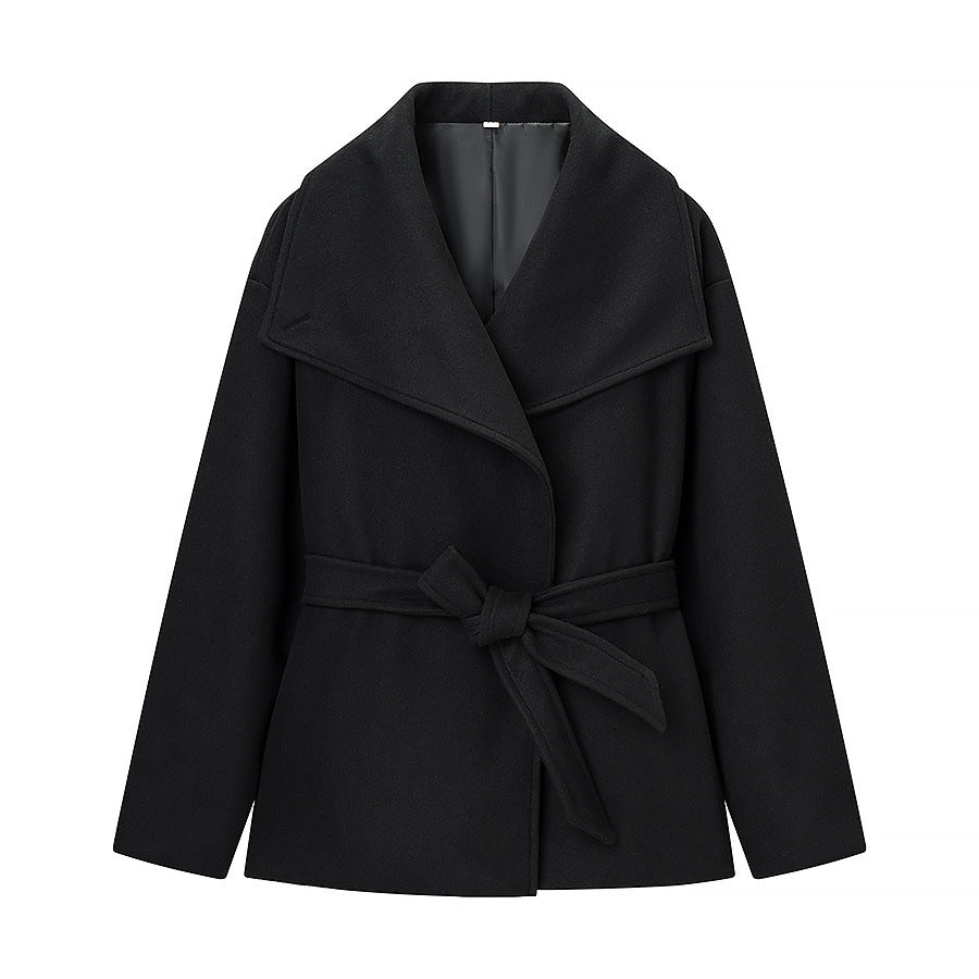 Collar black woolen coat for women