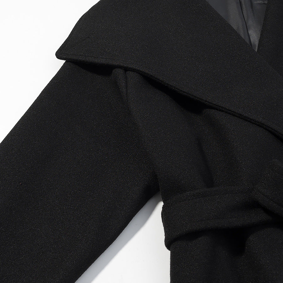 Collar black woolen coat for women
