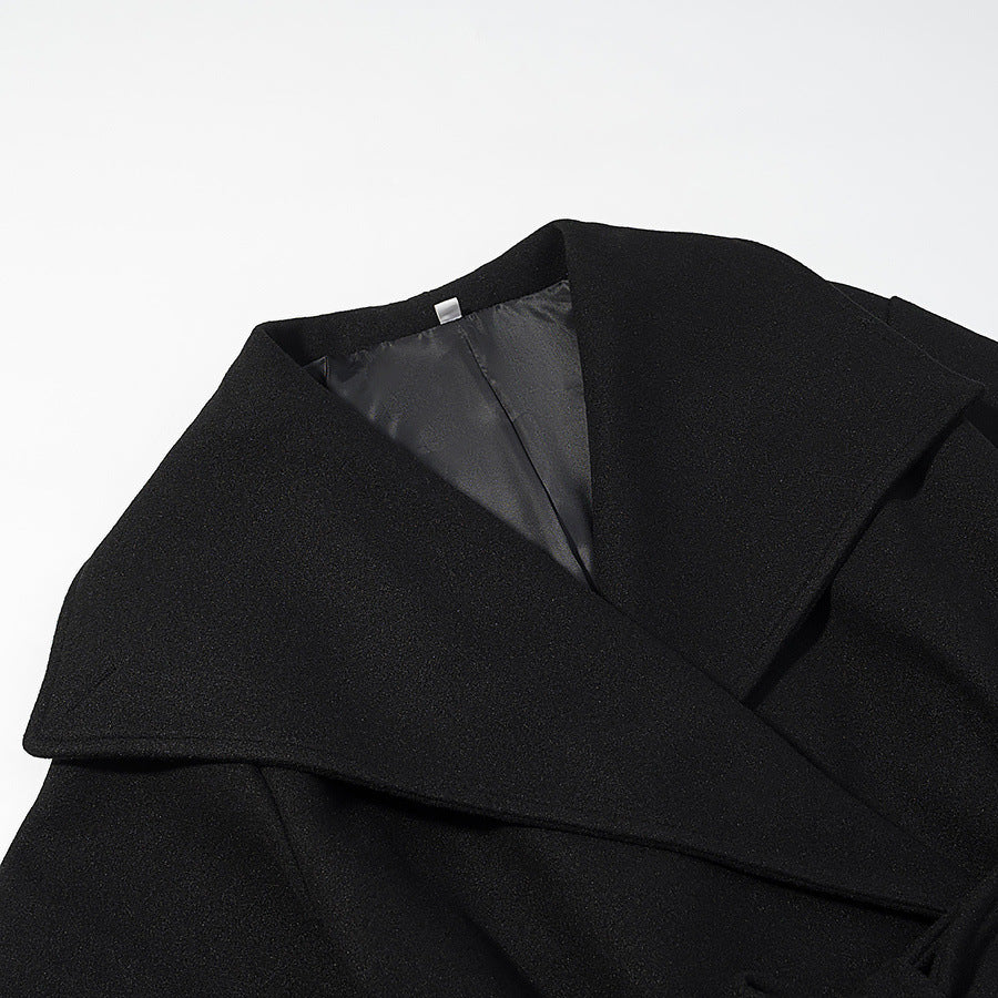 Collar black woolen coat for women